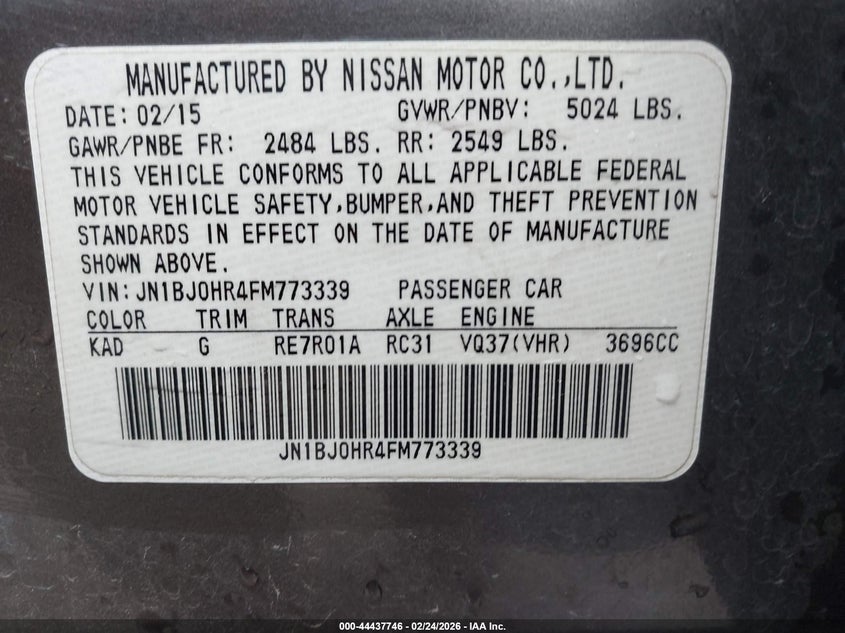 2015 Infiniti Qx50 Journey VIN: JN1BJ0HR4FM773339 Lot: 44437746