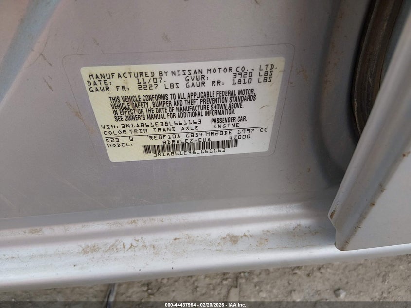 2008 Nissan Sentra 2.0S VIN: 3N1AB61E38L661163 Lot: 44437964