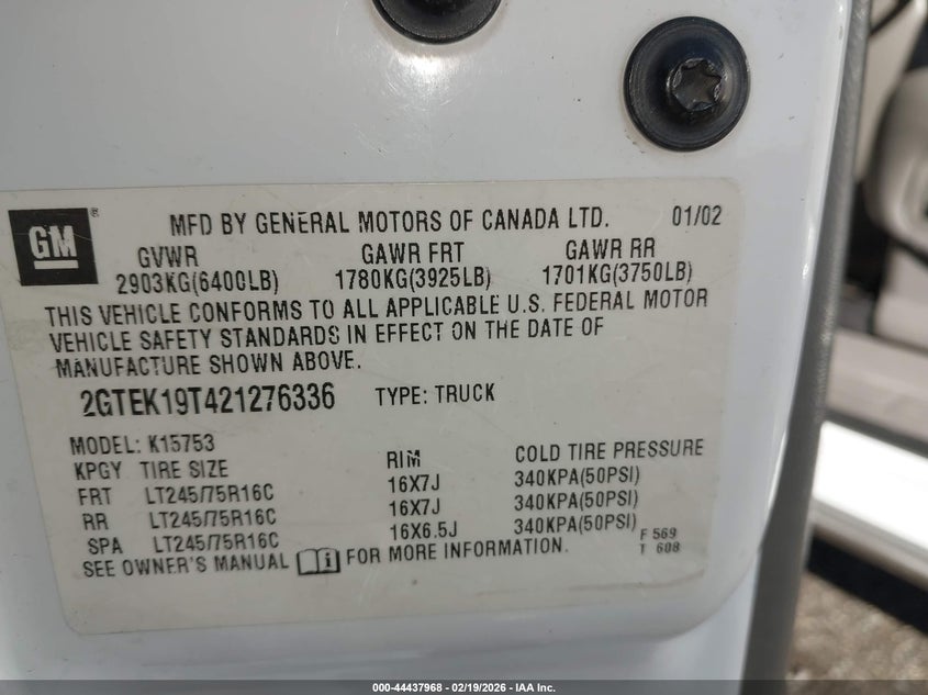 2002 GMC Sierra 1500 Sle VIN: 2GTEK19T421276336 Lot: 44437968