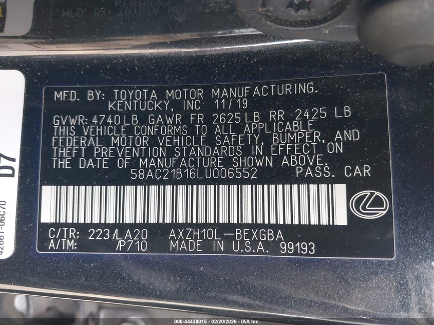 2020 Lexus Es 300H VIN: 58AC21B16LU006552 Lot: 44438015