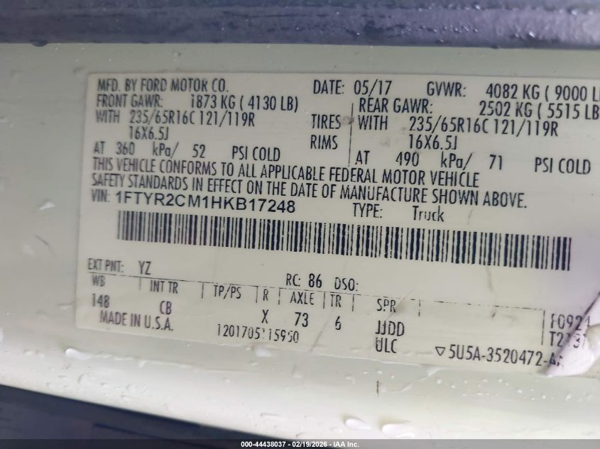 2017 Ford Transit-250 VIN: 1FTYR2CM1HKB17248 Lot: 44438037