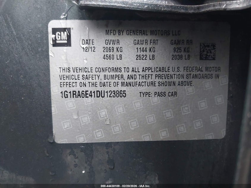 2013 Chevrolet Volt VIN: 1G1RA6E41DU123865 Lot: 44438109