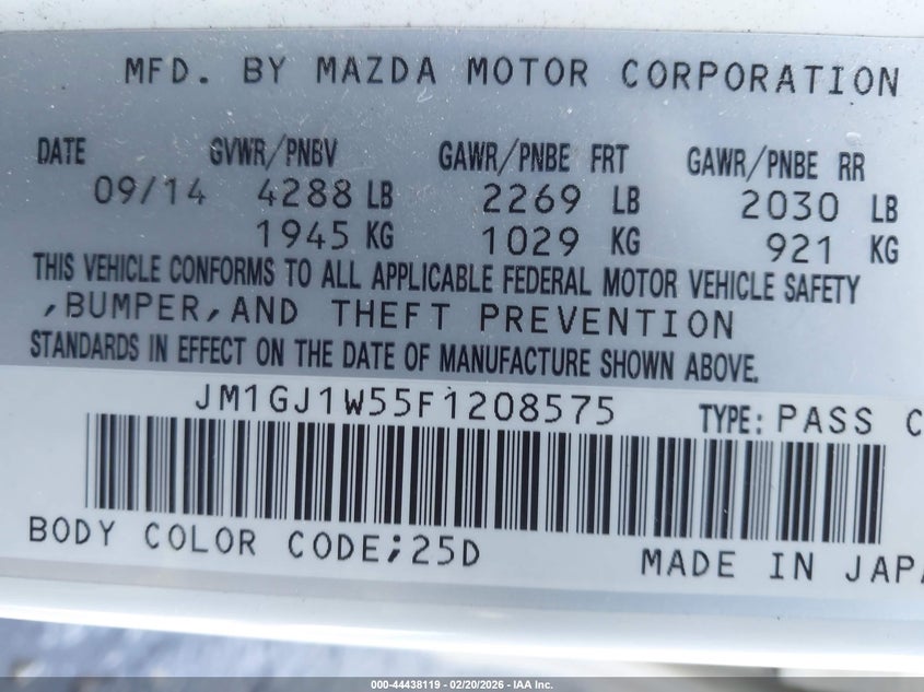 2015 Mazda Mazda6 I Grand Touring VIN: JM1GJ1W55F1208575 Lot: 44438119