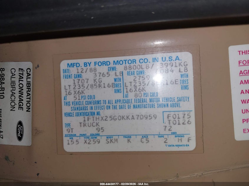 1989 Ford F250 VIN: 1FTHX26G6KKA69359 Lot: 44438177
