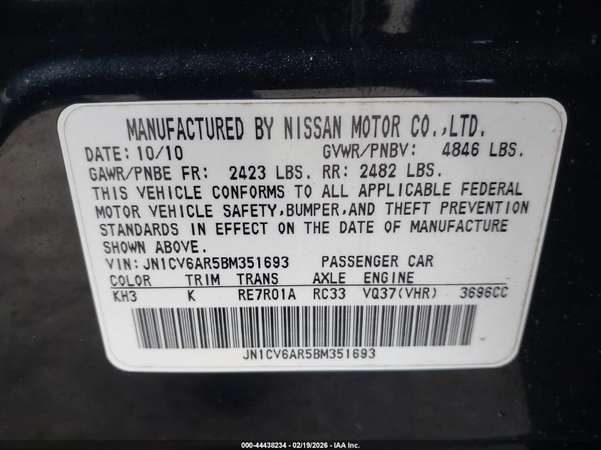 2011 Infiniti G37X VIN: JN1CV6AR5BM351693 Lot: 44438234