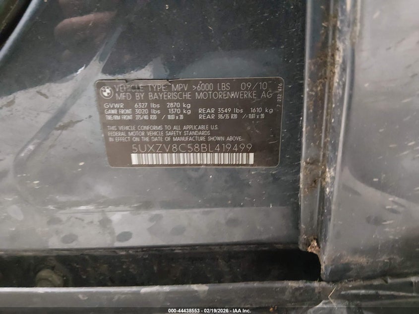 2011 BMW X5 xDrive50I VIN: 5UXZV8C58BL419499 Lot: 44438553