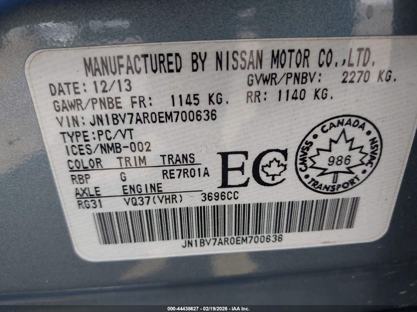 2014 Infiniti Q50 Premium/Sport VIN: JN1BV7AR0EM700636 Lot: 44438627