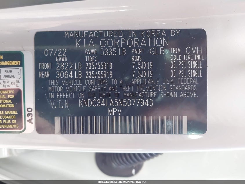 2022 Kia Ev6 Wind VIN: KNDC34LA5N5077943 Lot: 44438684