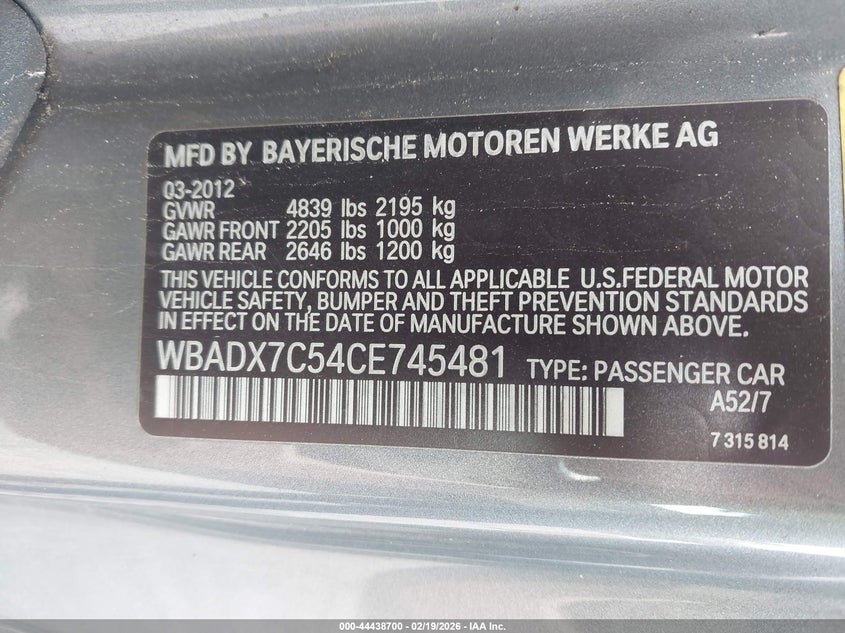2012 BMW 3 series 3.0 335I grey Lot 111044438700 Vin WBADX7C54CE745481