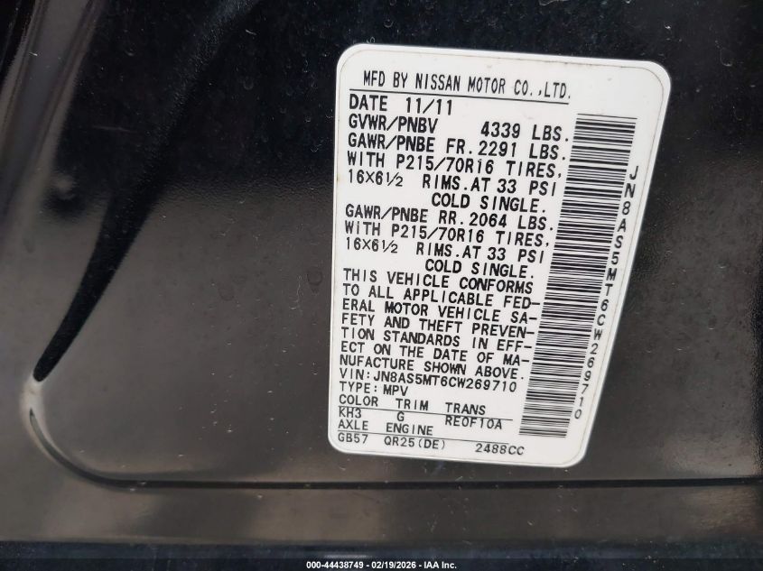 2012 Nissan Rogue S VIN: JN8AS5MT6CW269710 Lot: 44438749