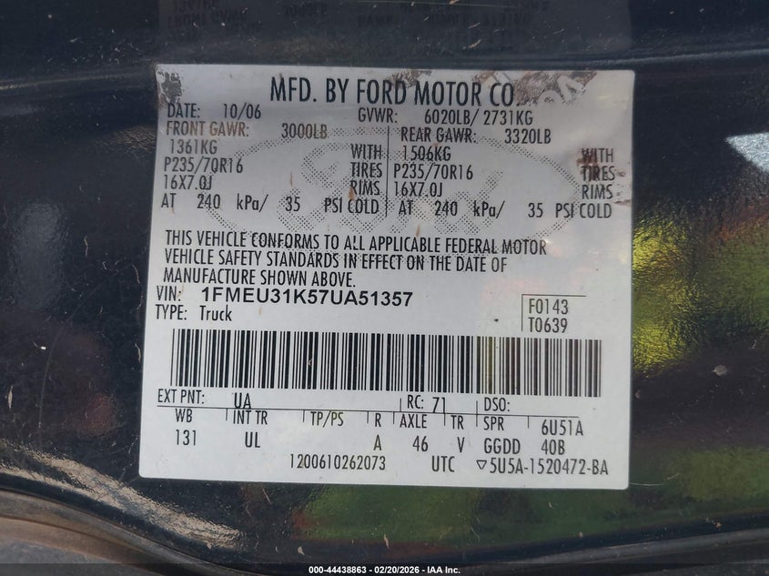 2007 Ford Explorer Sport Trac Xlt VIN: 1FMEU31K57UA51357 Lot: 44438863