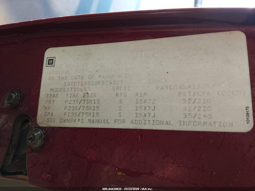 1995 GMC Sonoma VIN: 1GTDT19Z2SK524323 Lot: 44438920