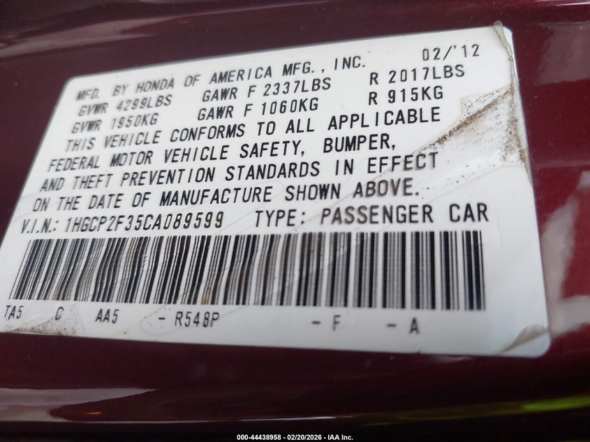 2012 Honda Accord 2.4 2.4 Lx red Lot 111044438958 Vin 1HGCP2F35CA089599