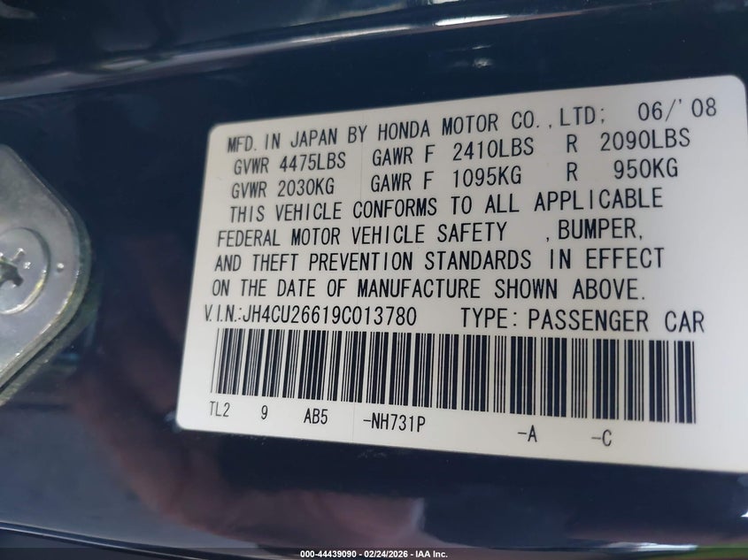 2009 Acura Tsx VIN: JH4CU26619C013780 Lot: 44439090