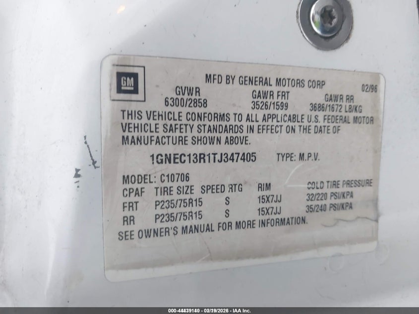 1996 Chevrolet Tahoe C1500 VIN: 1GNEC13R1TJ347405 Lot: 44439140