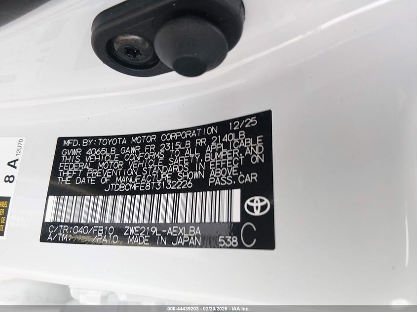 VIN JTDBCMFE8T3132226 2026 TOYOTA COROLLA HYBRID HYBRID LE