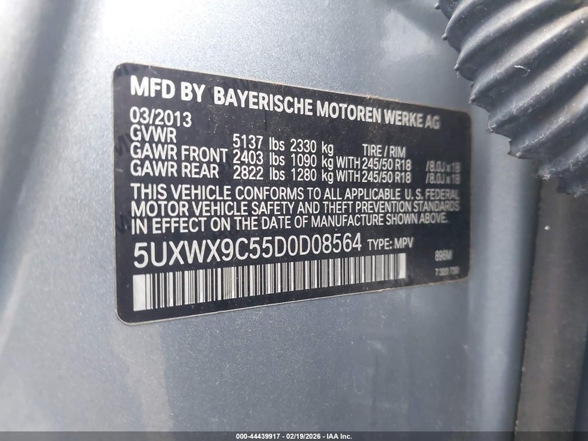 2013 BMW X3 xDrive28I VIN: 5UXWX9C55D0D08564 Lot: 44439917