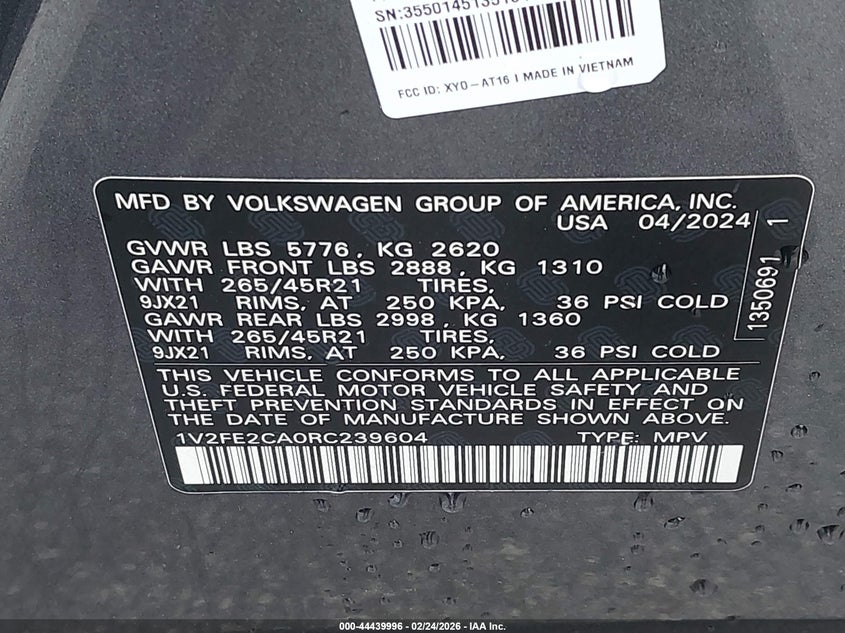 2024 Volkswagen Atlas Cross Sport 2.0T Sel Premium R-Line VIN: 1V2FE2CA0RC239604 Lot: 44439996