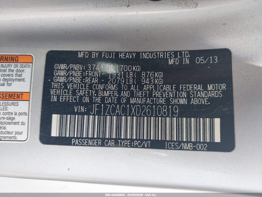 2013 Subaru Brz Limited VIN: JF1ZCAC1XD2610819 Lot: 44440004