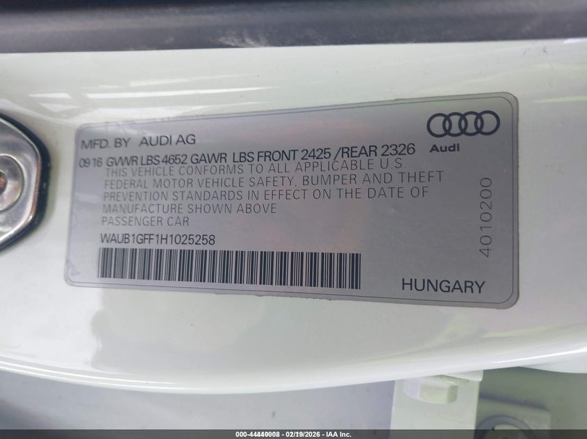 2017 Audi S3 2.0T Premium Plus VIN: WAUB1GFF1H1025258 Lot: 44440008