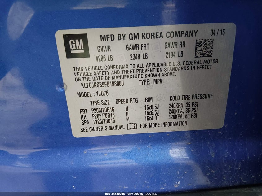 2015 Chevrolet Trax 1Ls VIN: KL7CJKSB9FB198060 Lot: 44440296