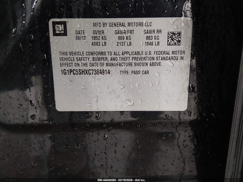 2012 Chevrolet Cruze Ls VIN: 1G1PC5SHXC7384914 Lot: 44440365