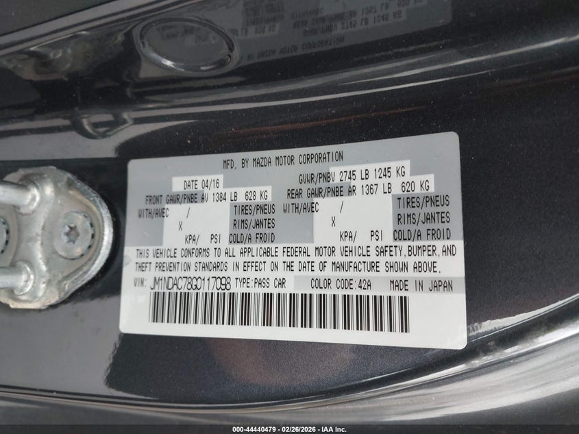 2016 Mazda Mx-5 Miata Club VIN: JM1NDAC78G0117098 Lot: 44440479