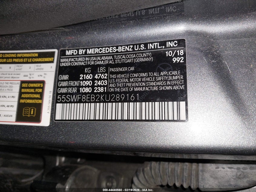 2019 Mercedes-Benz C 300 4Matic VIN: 55SWF8EB2KU289161 Lot: 44440560