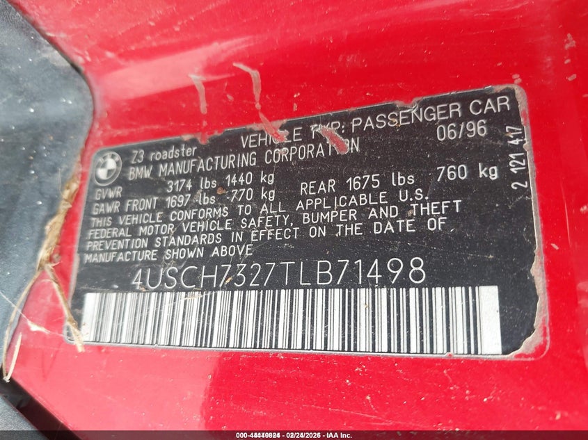 1996 BMW Z3 1.9 VIN: 4USCH7327TLB71498 Lot: 44440824