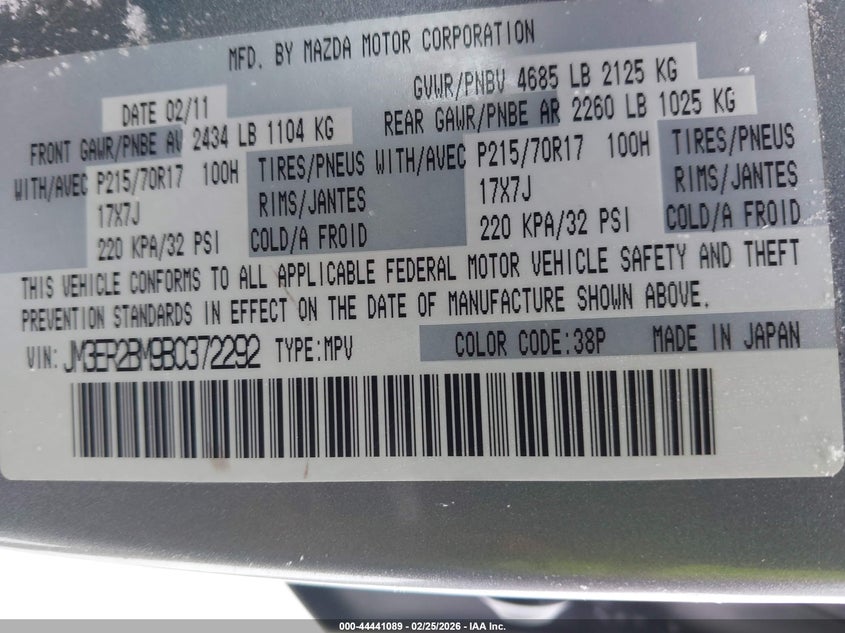 2011 Mazda Cx-7 I Sport VIN: JM3ER2BM9B0372292 Lot: 44441089