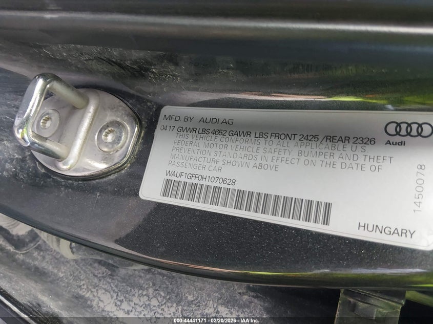 2017 Audi S3 2.0T Premium Plus VIN: WAUF1GFF0H1070628 Lot: 44441171