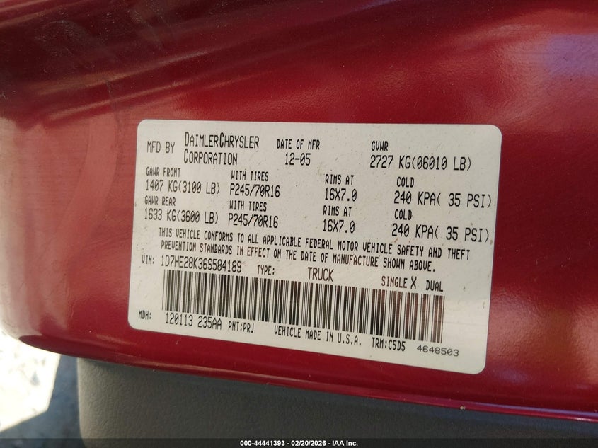 2006 Dodge Dakota St VIN: 1D7HE28K36S584189 Lot: 44441393