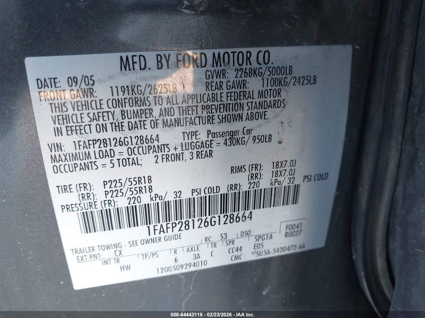 2006 Ford Five Hundred Limited VIN: 1FAFP28126G128664 Lot: 44442118
