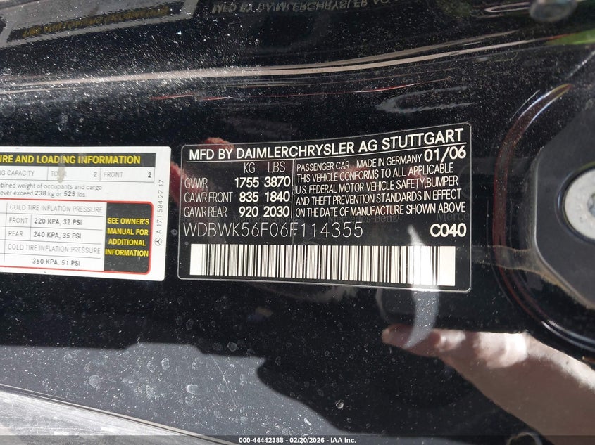 2006 Mercedes-Benz Slk 350 VIN: WDBWK56F06F114355 Lot: 44442388