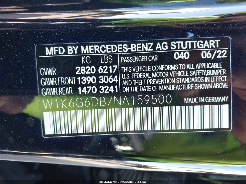 2022 Mercedes-Benz S 500 4Matic VIN: W1K6G6DB7NA159500 Lot: 44442793