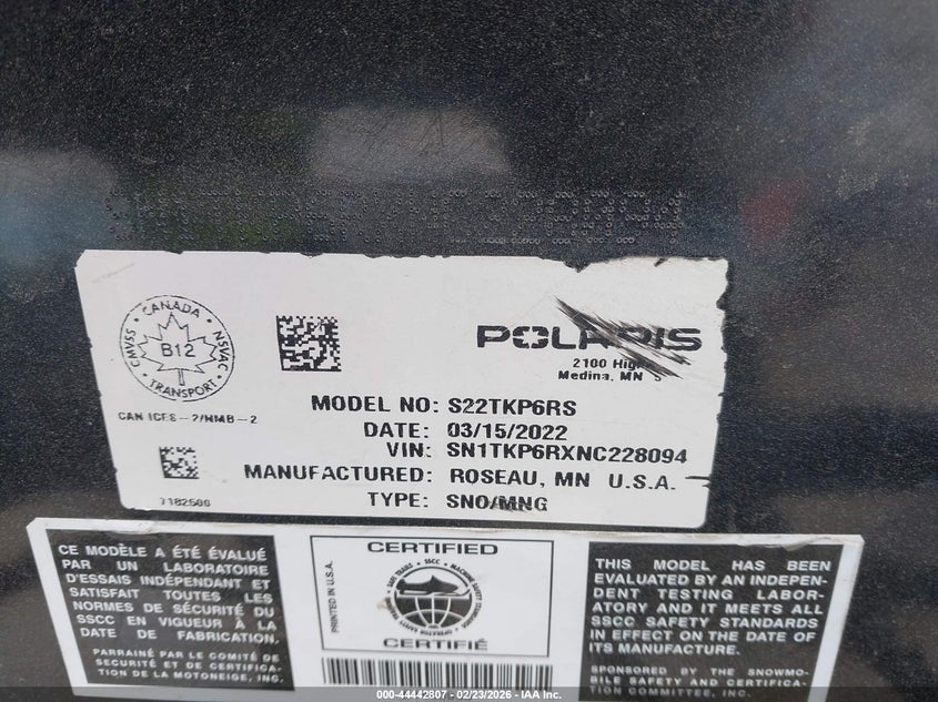 2022 Polaris 650 Indy Xcr VIN: SN1TKP6RXNC228094 Lot: 44442807