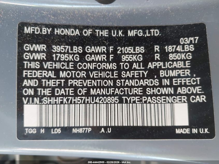2017 Honda Civic Ex VIN: SHHFK7H57HU420895 Lot: 44442959
