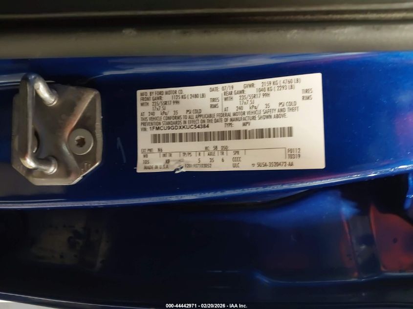 2019 Ford Escape Se VIN: 1FMCU9GDXKUC54384 Lot: 44442971