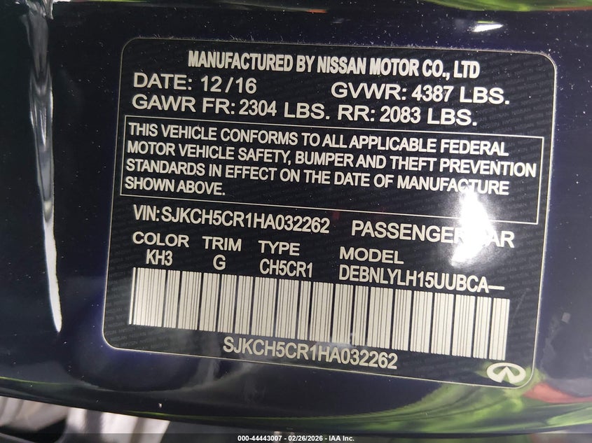 2017 Infiniti Qx30 Premium VIN: SJKCH5CR1HA032262 Lot: 44443007