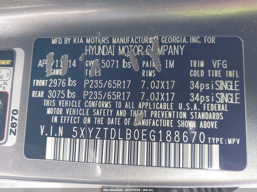 2014 Hyundai Santa Fe Sport 2.4L VIN: 5XYZTDLB0EG188670 Lot: 44443029