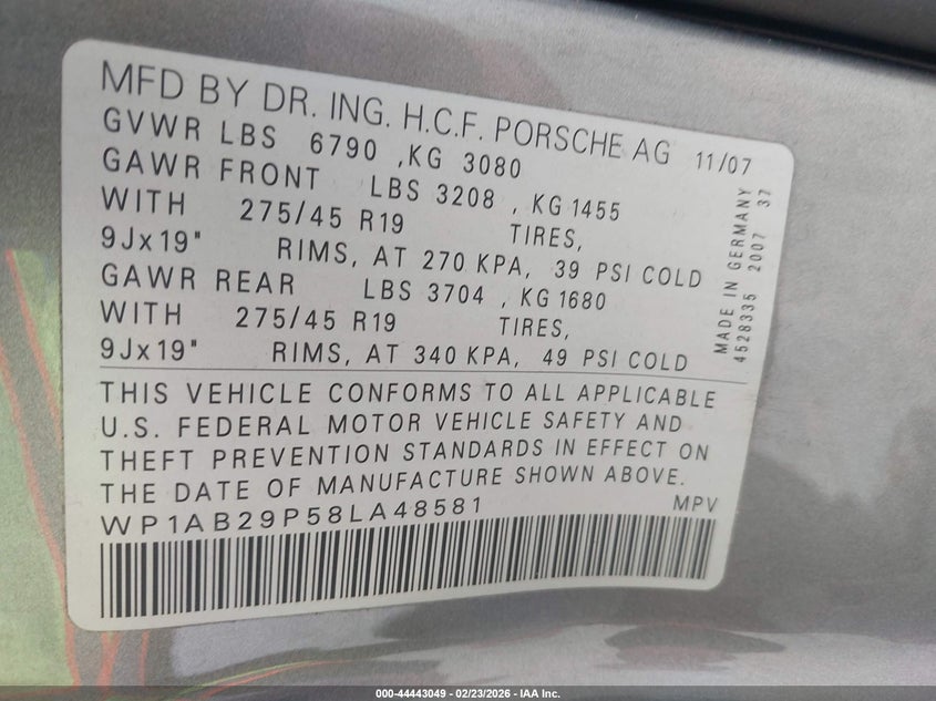 PORSCHE CAYENNE 2008 VIN WP1AB29P58LA48581