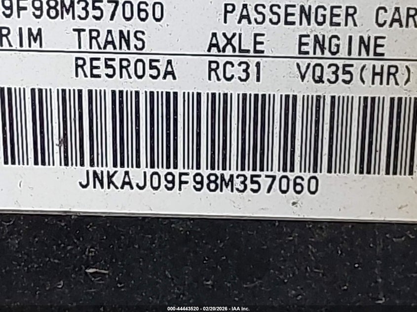 2008 Infiniti Ex35 Journey VIN: JNKAJ09F98M357060 Lot: 44443520