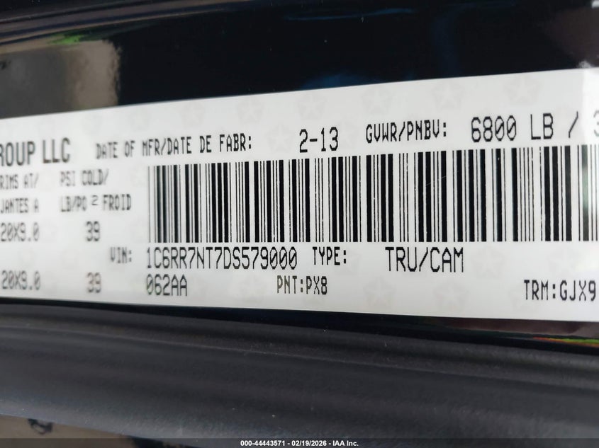 2013 Ram 1500 Laramie VIN: 1C6RR7NT7DS579000 Lot: 44443571