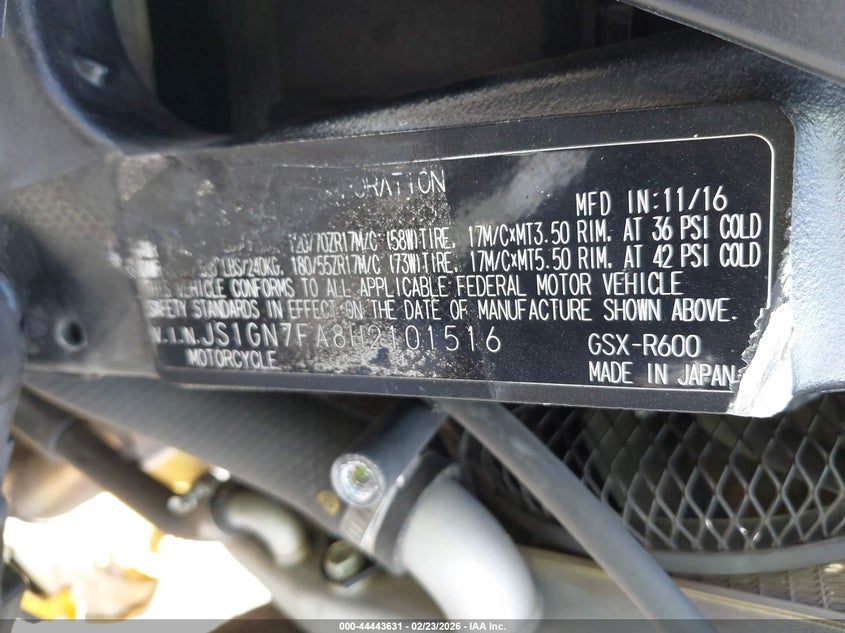 2017 Suzuki Gsx-R600 VIN: JS1GN7FA8H2101516 Lot: 44443631