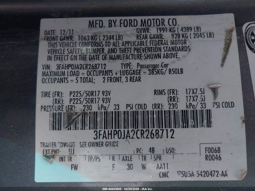 2012 Ford Fusion Sel VIN: 3FAHP0JA2CR268712 Lot: 44443885