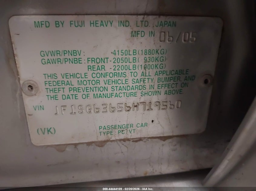 2006 Subaru Forester 2.5X VIN: JF1SG63656H719560 Lot: 44444109