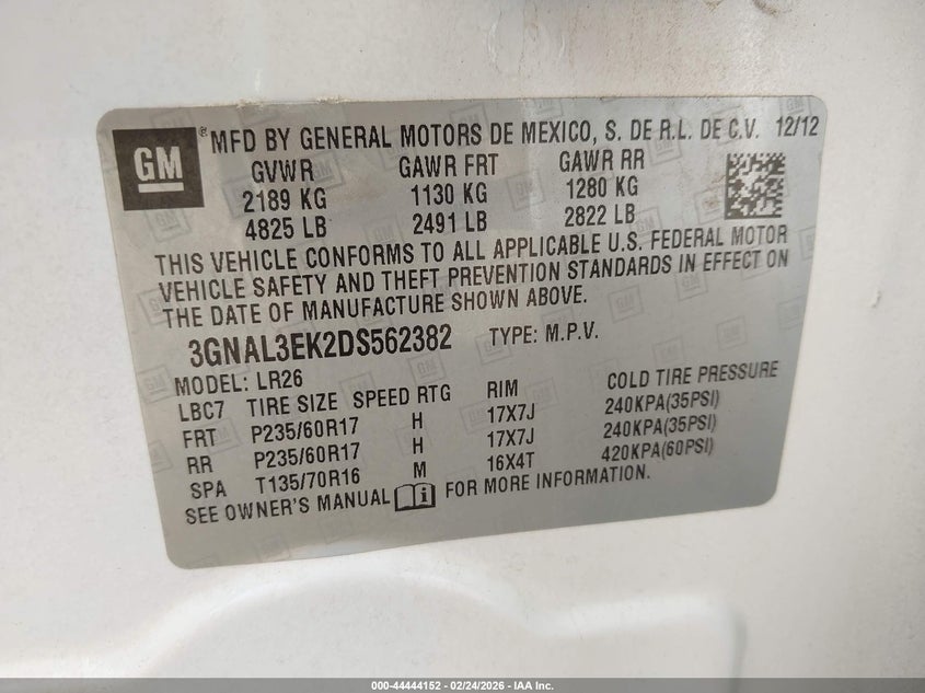 2013 Chevrolet Captiva Sport Lt VIN: 3GNAL3EK2DS562382 Lot: 44444152