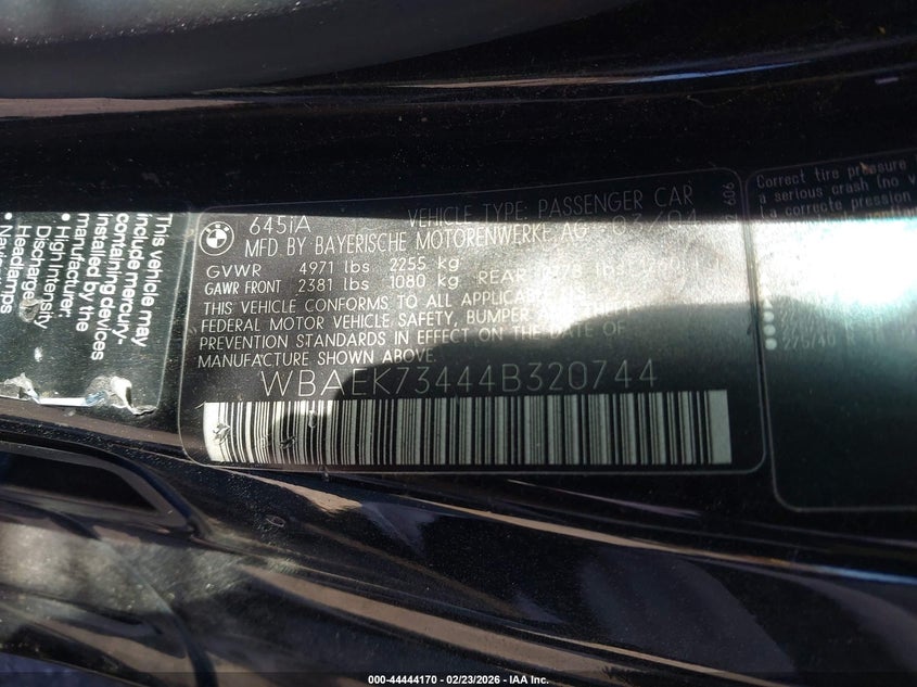2004 BMW 645Ci VIN: WBAEK73444B320744 Lot: 44444170