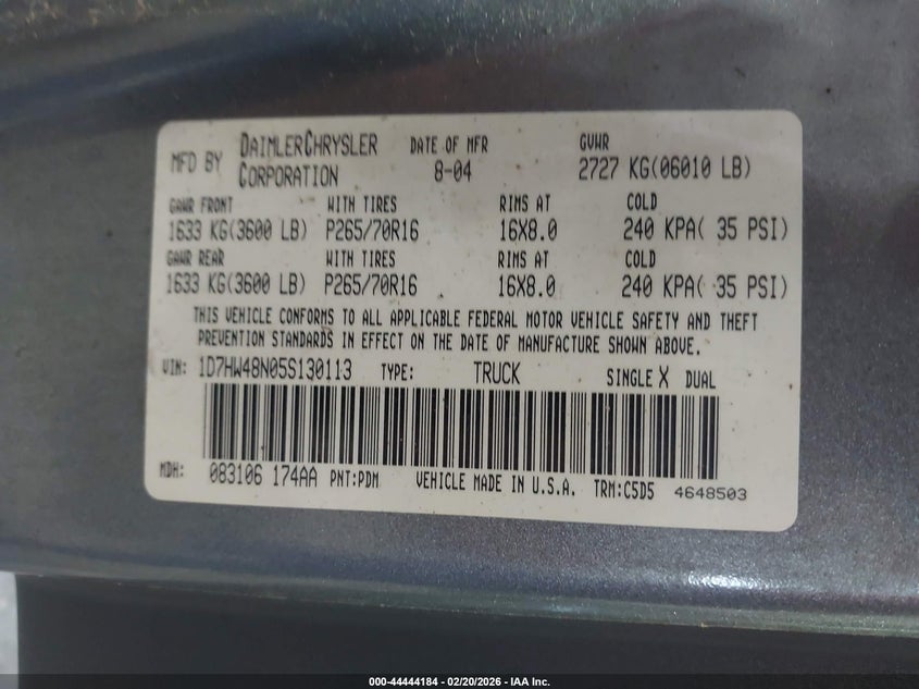 2005 Dodge Dakota Slt VIN: 1D7HW48N05S130113 Lot: 44444184