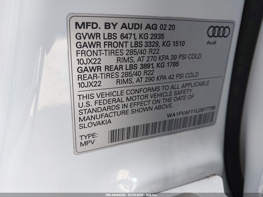 2020 Audi Q8 Prestige 55 Tfsi Quattro Tiptronic VIN: WA1FVAF11LD017785 Lot: 44444248